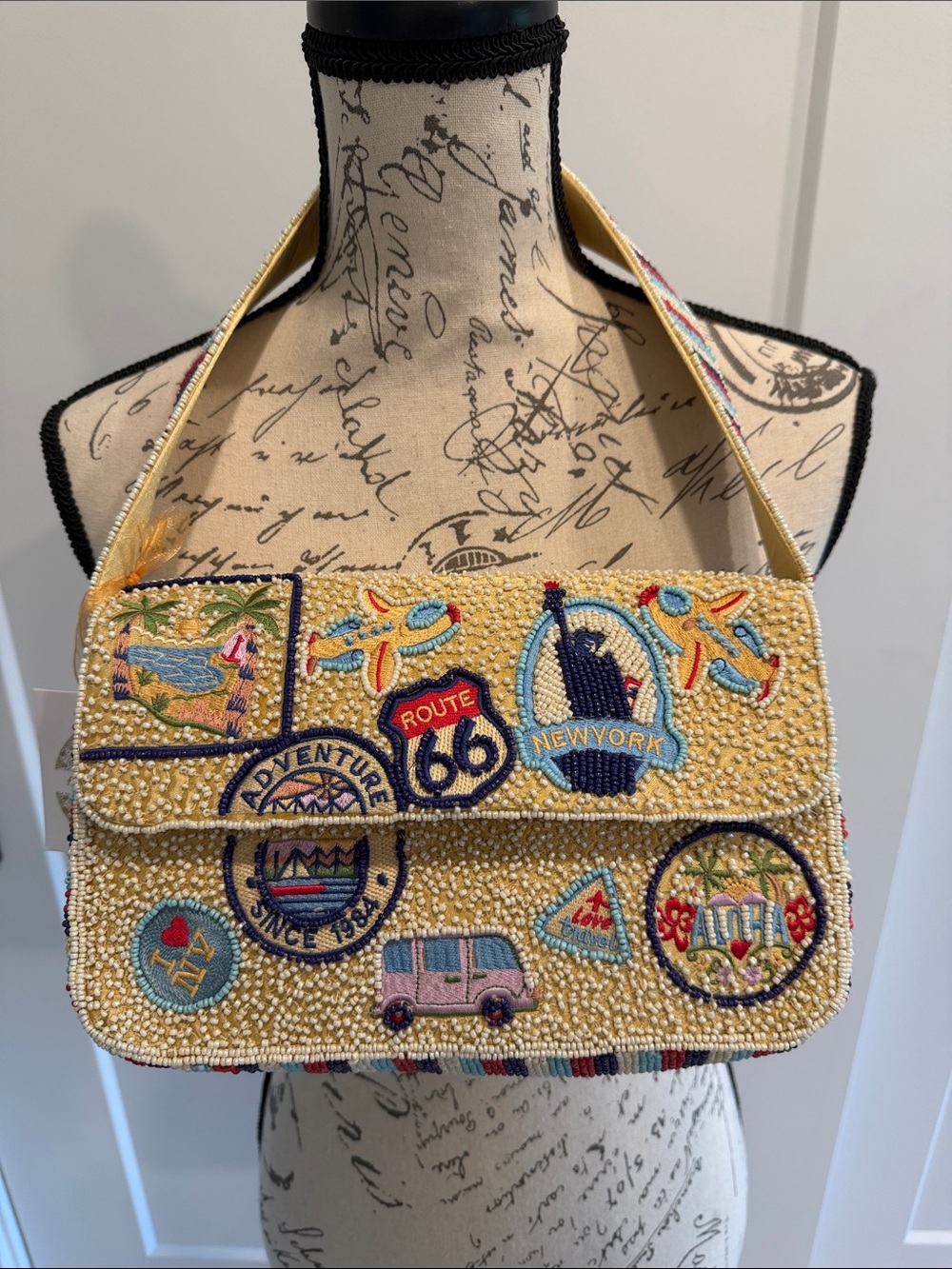 From India to YouBeaded Yellow Beaded Shoulder Bag with Travel Patch Motifs